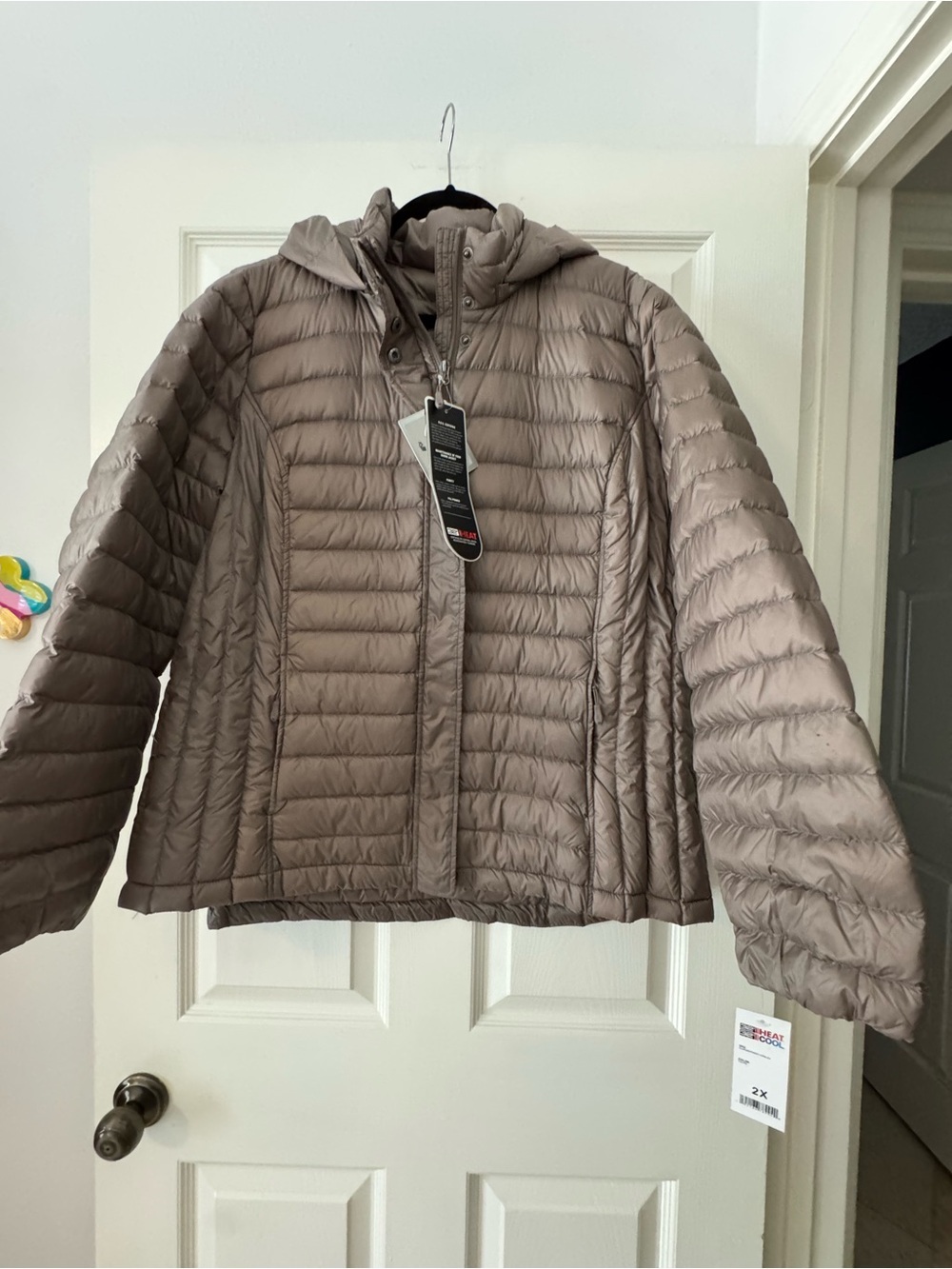 32 Degrees Lightweight Quilted Hooded Packable Puffer Jacket - Taupe